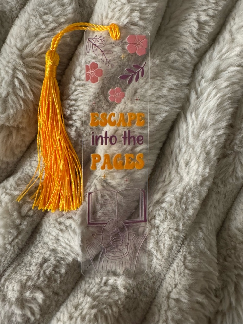 "Escape into the Pages" Clear Acrylic Bookmark with Yellow Tassel